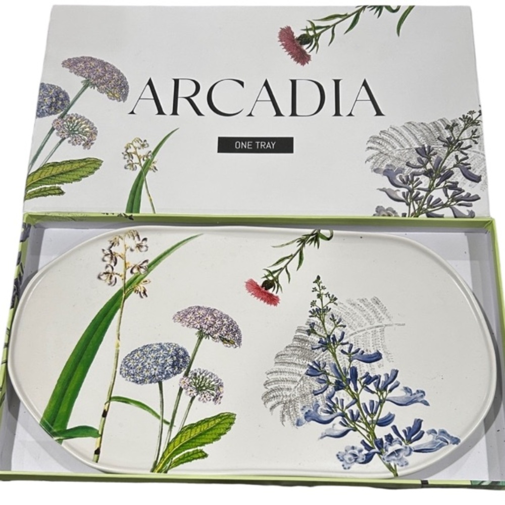 Arcadia Botanical Oval Ceramic Tray with Green and Blue Accents from Rosanna.